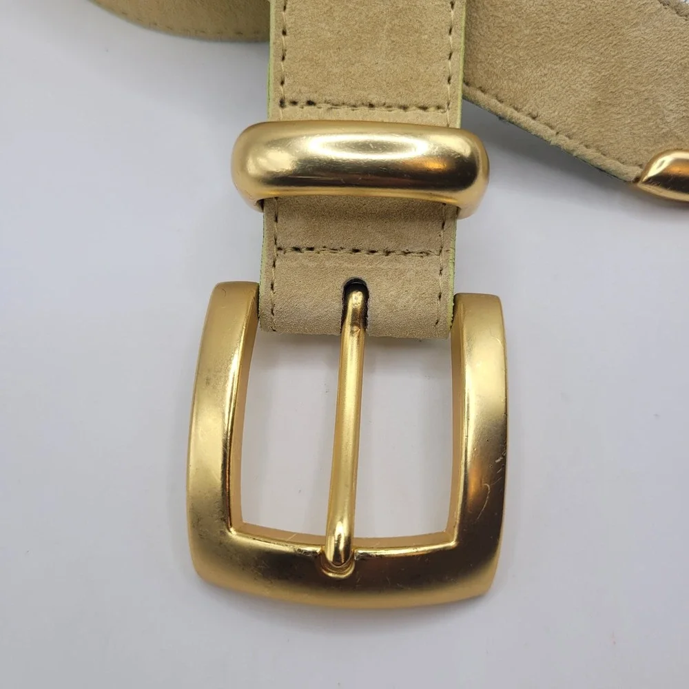 Vintage Express Belt Small Tan Yellow Suede Gold Buckle 90s Boho Western Chic